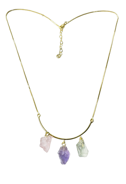 Half Moon Gold Plated Necklace Trio - Quartzo Rosa (Rose Quartz), Ametista (Amethyst), and Prasiolita (Prasiolite)