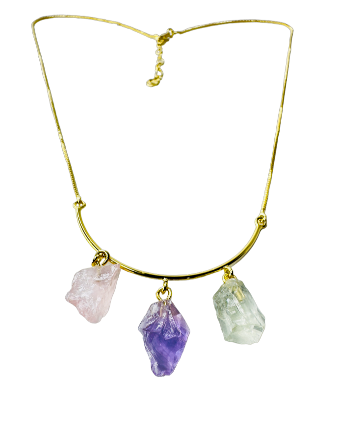 Half Moon Gold Plated Necklace Trio - Quartzo Rosa (Rose Quartz), Ametista (Amethyst), and Prasiolita (Prasiolite)