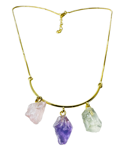 Half Moon Gold Plated Necklace Trio - Quartzo Rosa (Rose Quartz), Ametista (Amethyst), and Prasiolita (Prasiolite)