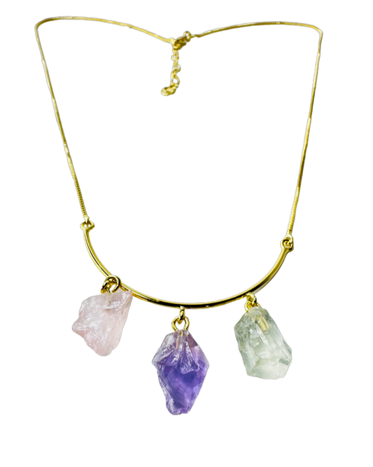 Half Moon Gold Plated Necklace Trio - Quartzo Rosa (Rose Quartz), Ametista (Amethyst), and Prasiolita (Prasiolite)