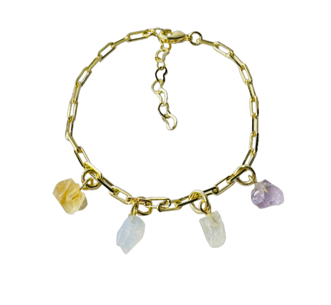 Gold Plated Bracelet Quartet - Citrino (Citrine), Cristal Milk (Milky Quartz), Cristal de Rocha (Rock Crystal), and Ametista (Amethyst)