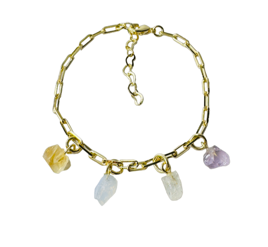 Gold Plated Bracelet Quartet - Citrino (Citrine), Cristal Milk (Milky Quartz), Cristal de Rocha (Rock Crystal), and Ametista (Amethyst)