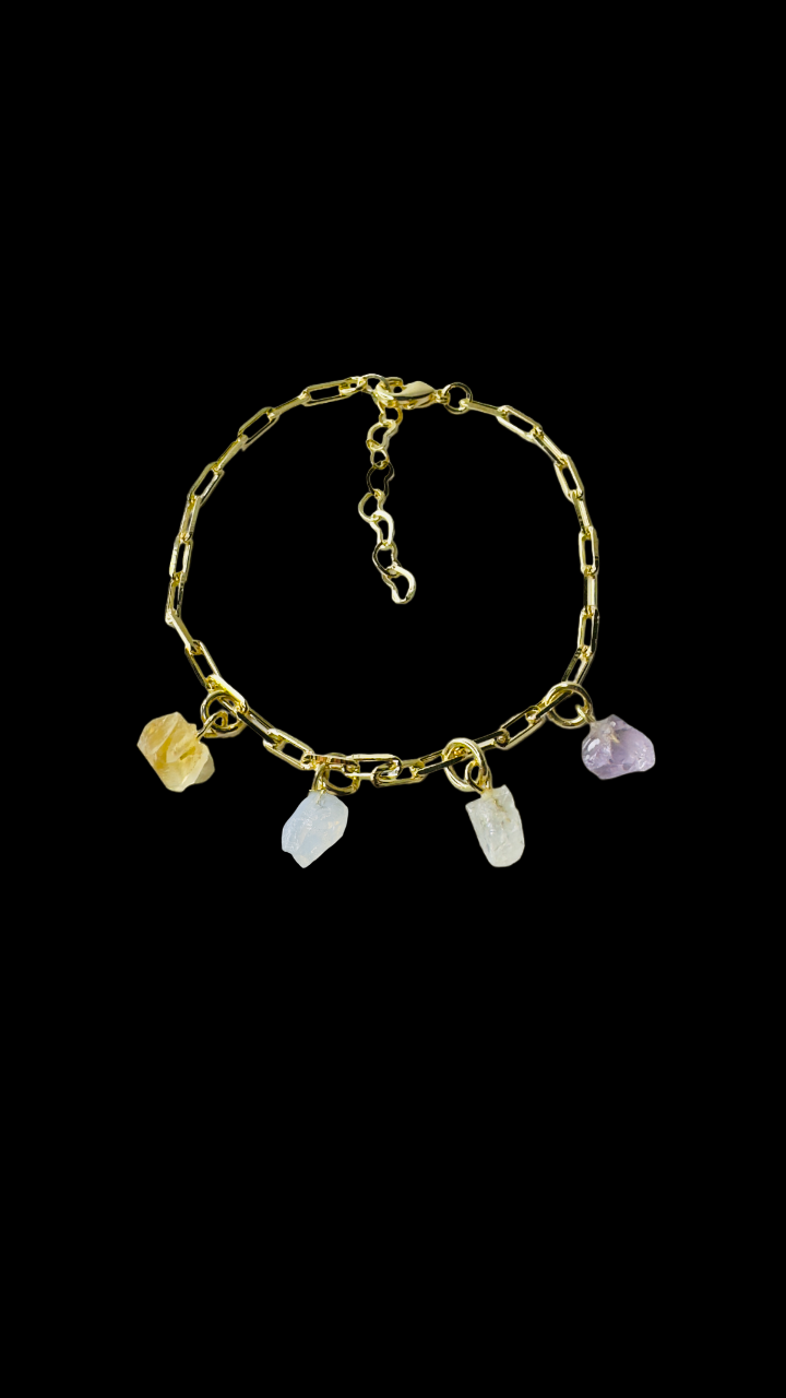 Gold Plated Bracelet Quartet - Citrino (Citrine), Cristal Milk (Milky Quartz), Cristal de Rocha (Rock Crystal), and Ametista (Amethyst)