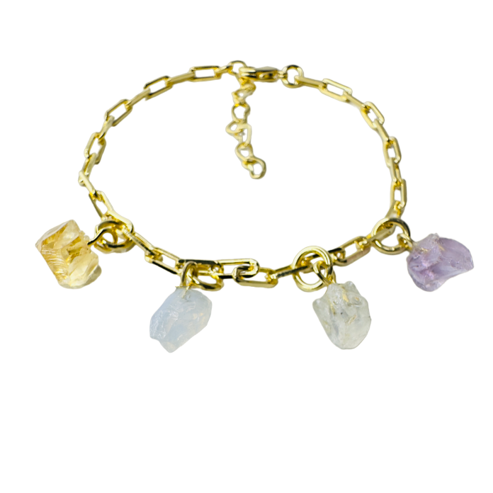 Gold Plated Bracelet Quartet - Citrino (Citrine), Cristal Milk (Milky Quartz), Cristal de Rocha (Rock Crystal), and Ametista (Amethyst)