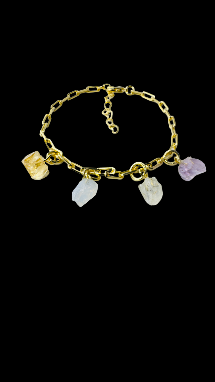 Gold Plated Bracelet Quartet - Citrino (Citrine), Cristal Milk (Milky Quartz), Cristal de Rocha (Rock Crystal), and Ametista (Amethyst)