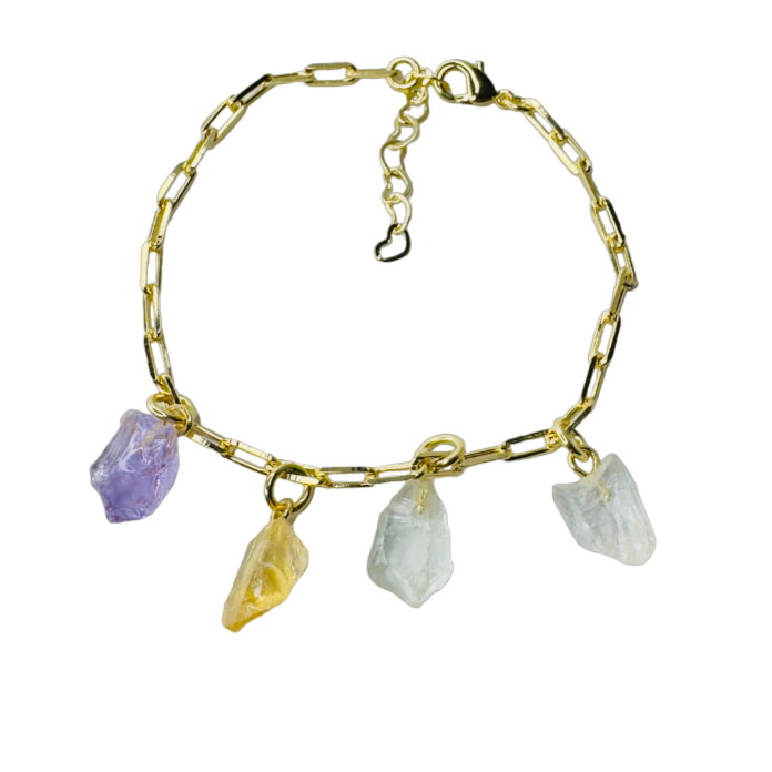 Gold Plated Bracelet Quartet - Ametista (Amethyst), Citrino (Citrine) and two Cristal de Rocha (Rock Crystal)