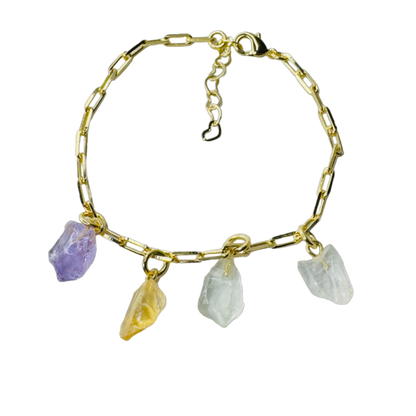 Gold Plated Bracelet Quartet - Ametista (Amethyst), Citrino (Citrine) and two Cristal de Rocha (Rock Crystal)