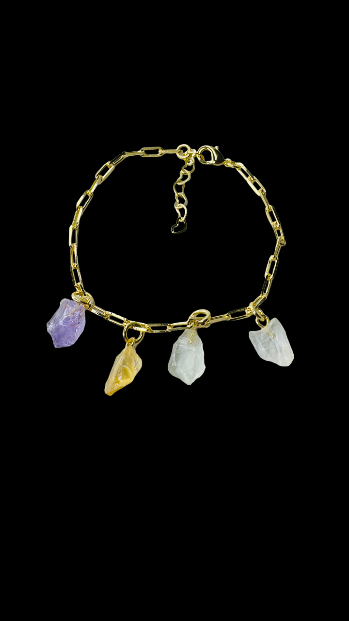 Gold Plated Bracelet Quartet - Ametista (Amethyst), Citrino (Citrine) and two Cristal de Rocha (Rock Crystal)