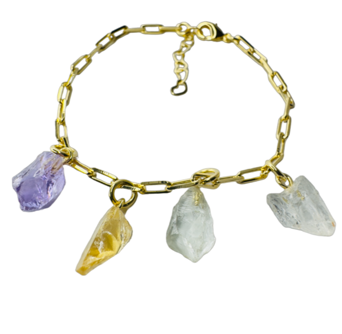 Gold Plated Bracelet Quartet - Ametista (Amethyst), Citrino (Citrine) and two Cristal de Rocha (Rock Crystal)