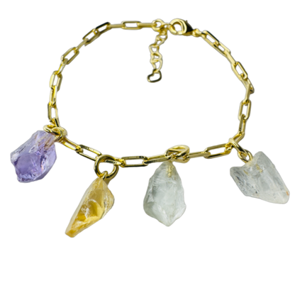 Gold Plated Bracelet Quartet - Ametista (Amethyst), Citrino (Citrine) and two Cristal de Rocha (Rock Crystal)