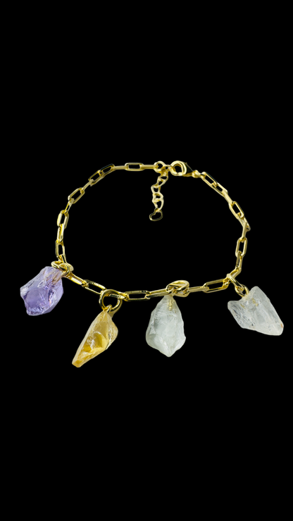 Gold Plated Bracelet Quartet - Ametista (Amethyst), Citrino (Citrine) and two Cristal de Rocha (Rock Crystal)