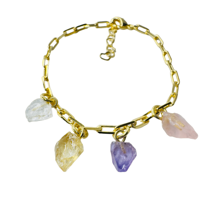 Gold Plated Bracelet Quartet - Cristal Rocha (Rock Crystal), Citrino (Citrine), Ametista (Amethyst), and Quartzo Rosa (Rose Quartz)