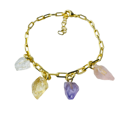 Gold Plated Bracelet Quartet - Cristal Rocha (Rock Crystal), Citrino (Citrine), Ametista (Amethyst), and Quartzo Rosa (Rose Quartz)