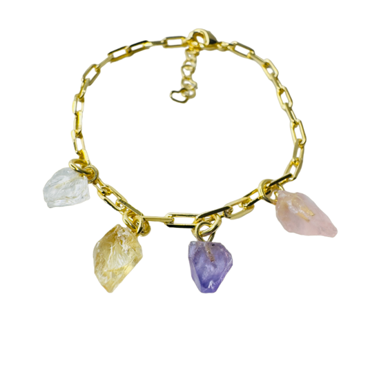 Gold Plated Bracelet Quartet - Cristal Rocha (Rock Crystal), Citrino (Citrine), Ametista (Amethyst), and Quartzo Rosa (Rose Quartz)