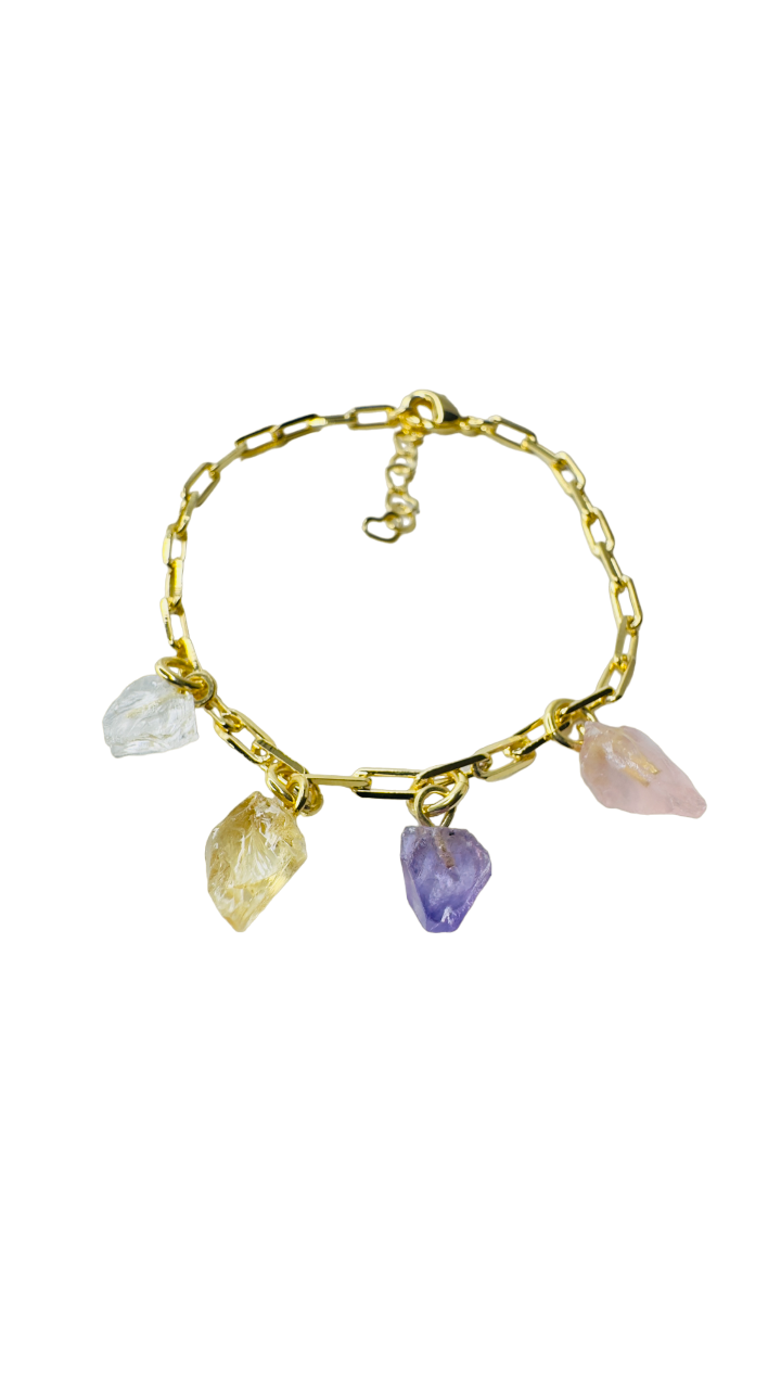 Gold Plated Bracelet Quartet - Cristal Rocha (Rock Crystal), Citrino (Citrine), Ametista (Amethyst), and Quartzo Rosa (Rose Quartz)