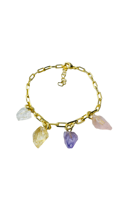 Gold Plated Bracelet Quartet - Cristal Rocha (Rock Crystal), Citrino (Citrine), Ametista (Amethyst), and Quartzo Rosa (Rose Quartz)