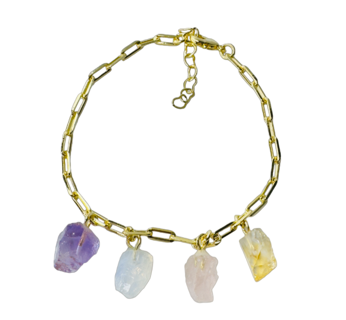 Gold Plated Bracelet Quartet - Ametista (Amethyst), Cristal Milk (Milky Quartz), Quartzo Rosa (Rose Quartz), and Citrino (Citrine)