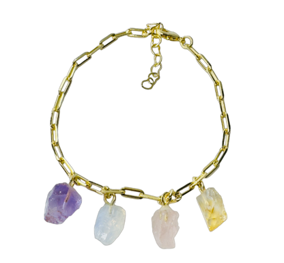 Gold Plated Bracelet Quartet - Ametista (Amethyst), Cristal Milk (Milky Quartz), Quartzo Rosa (Rose Quartz), and Citrino (Citrine)