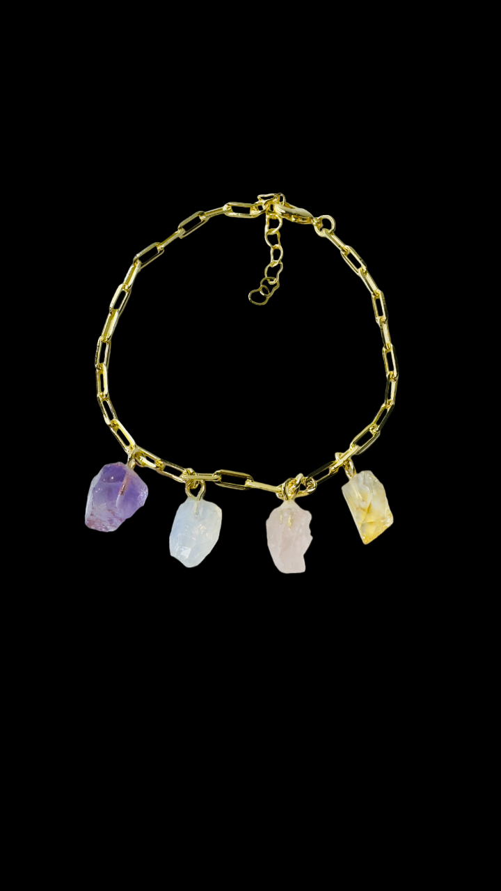 Gold Plated Bracelet Quartet - Ametista (Amethyst), Cristal Milk (Milky Quartz), Quartzo Rosa (Rose Quartz), and Citrino (Citrine)