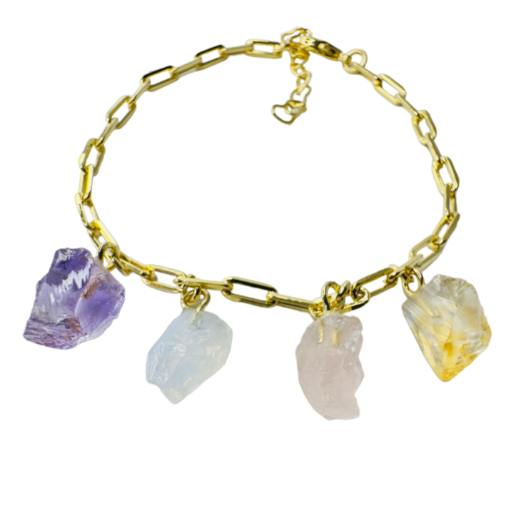 Gold Plated Bracelet Quartet - Ametista (Amethyst), Cristal Milk (Milky Quartz), Quartzo Rosa (Rose Quartz), and Citrino (Citrine)