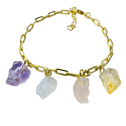 Gold Plated Bracelet Quartet - Ametista (Amethyst), Cristal Milk (Milky Quartz), Quartzo Rosa (Rose Quartz), and Citrino (Citrine)