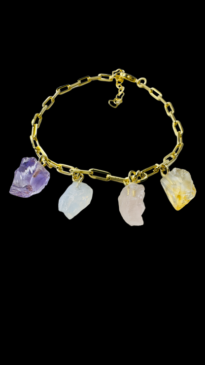 Gold Plated Bracelet Quartet - Ametista (Amethyst), Cristal Milk (Milky Quartz), Quartzo Rosa (Rose Quartz), and Citrino (Citrine)