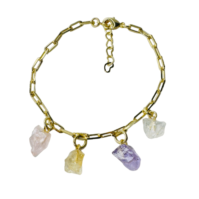 Gold Plated Bracelet Quartet - Quartzo Rosa (Rose Quartz), Citrino (Citrine), Ametista (Amethyst), and Cristal de Rocha (Rock Crystal)