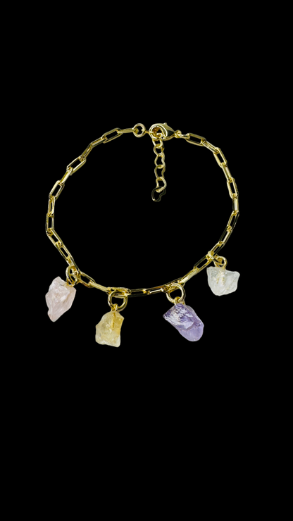 Gold Plated Bracelet Quartet - Quartzo Rosa (Rose Quartz), Citrino (Citrine), Ametista (Amethyst), and Cristal de Rocha (Rock Crystal)