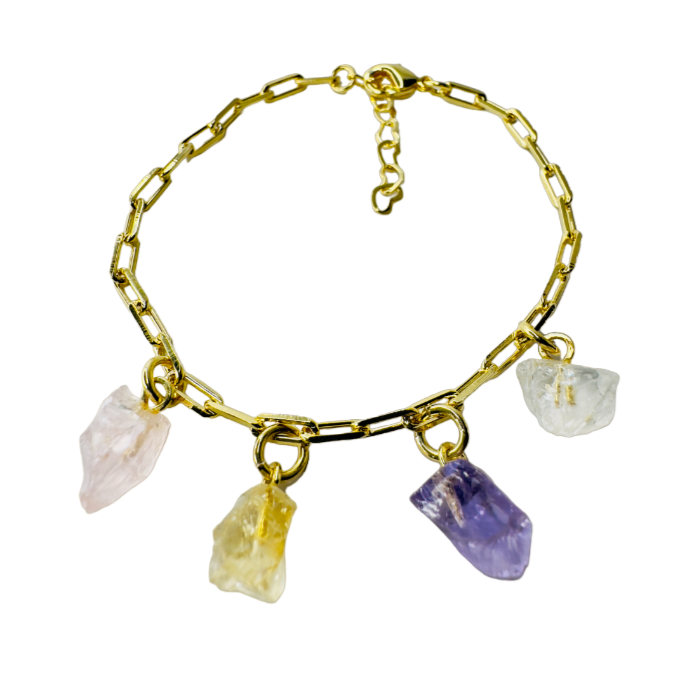 Gold Plated Bracelet Quartet - Quartzo Rosa (Rose Quartz), Citrino (Citrine), Ametista (Amethyst), and Cristal de Rocha (Rock Crystal)