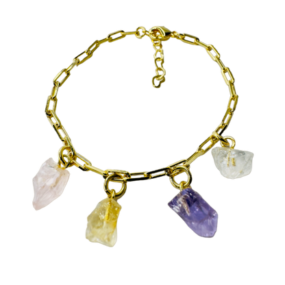 Gold Plated Bracelet Quartet - Quartzo Rosa (Rose Quartz), Citrino (Citrine), Ametista (Amethyst), and Cristal de Rocha (Rock Crystal)