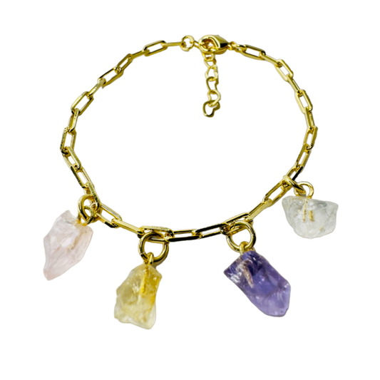 Gold Plated Bracelet Quartet - Quartzo Rosa (Rose Quartz), Citrino (Citrine), Ametista (Amethyst), and Cristal de Rocha (Rock Crystal)