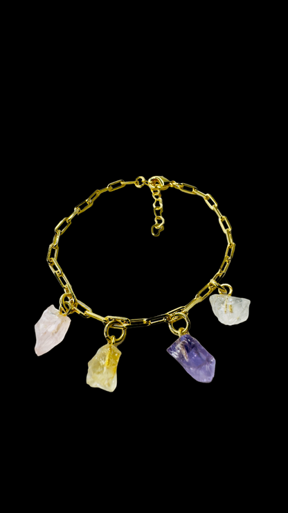 Gold Plated Bracelet Quartet - Quartzo Rosa (Rose Quartz), Citrino (Citrine), Ametista (Amethyst), and Cristal de Rocha (Rock Crystal)