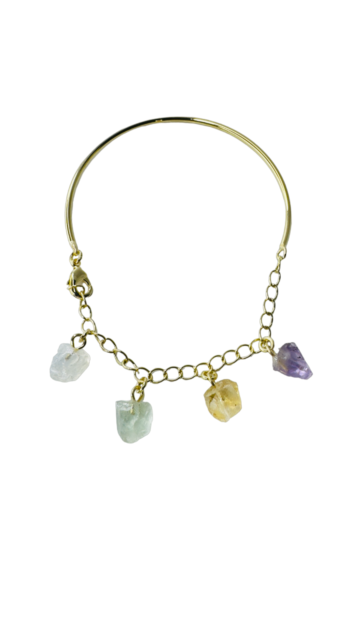 Half Moon Half Chain Quartet Gold Plated Bracelet - Cristal de Rocha (Rock Crystal), Prasiolita (Prasiolite), Citrino (Citrine), and Ametista (Amethyst)