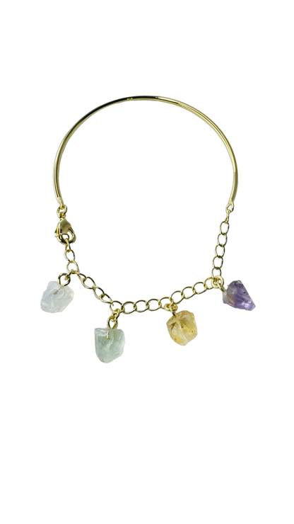 Half Moon Half Chain Quartet Gold Plated Bracelet - Cristal de Rocha (Rock Crystal), Prasiolita (Prasiolite), Citrino (Citrine), and Ametista (Amethyst)