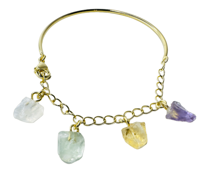 Half Moon Half Chain Quartet Gold Plated Bracelet - Cristal de Rocha (Rock Crystal), Prasiolita (Prasiolite), Citrino (Citrine), and Ametista (Amethyst)