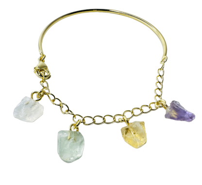 Half Moon Half Chain Quartet Gold Plated Bracelet - Cristal de Rocha (Rock Crystal), Prasiolita (Prasiolite), Citrino (Citrine), and Ametista (Amethyst)