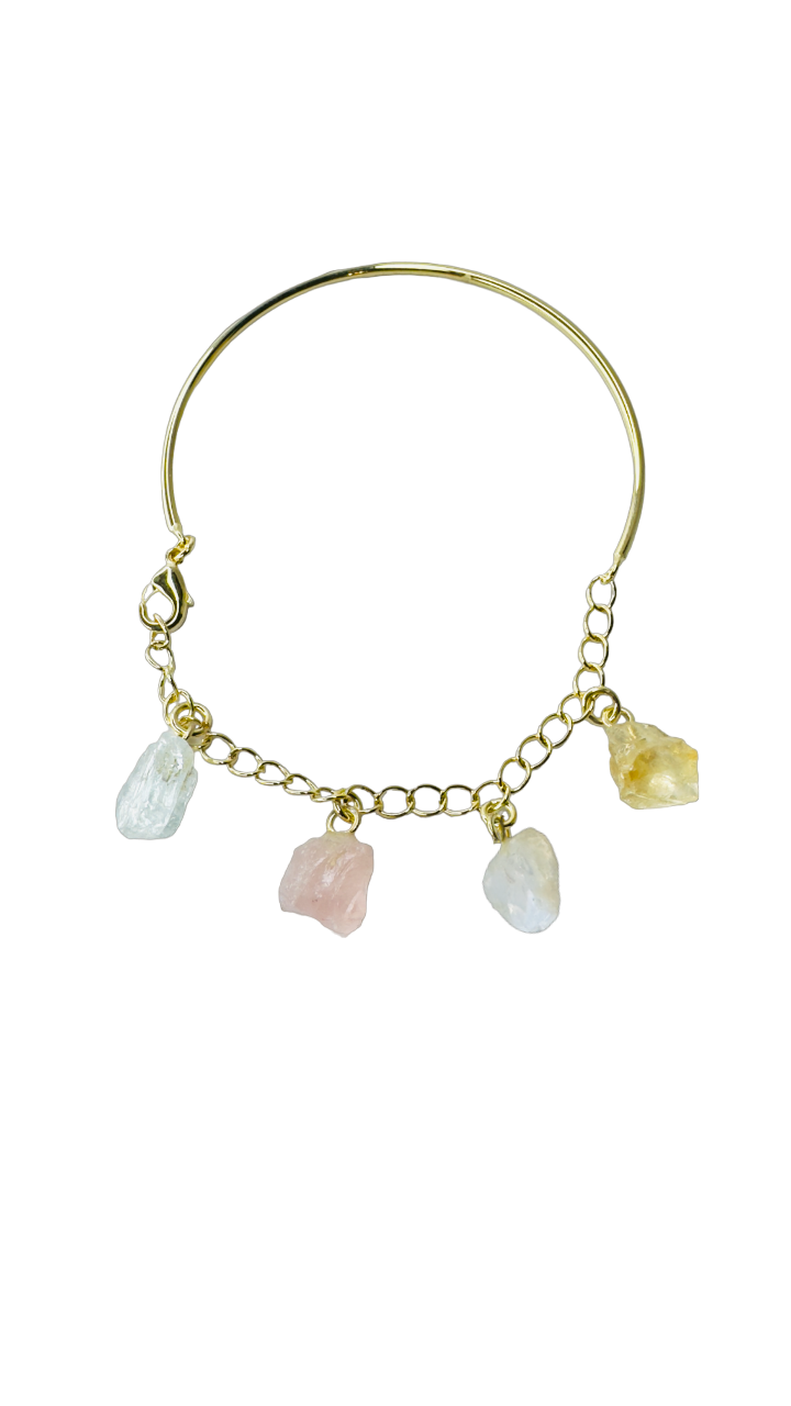 Half Moon Half Chain Quartet Gold Plated Bracelet - Cristal de Rocha (Rock Crystal), Quartzo Rosa (Rose Quartz), Cristal Milk (Milky Quartz), and Citrino (Citrine)