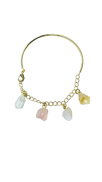 Half Moon Half Chain Quartet Gold Plated Bracelet - Cristal de Rocha (Rock Crystal), Quartzo Rosa (Rose Quartz), Cristal Milk (Milky Quartz), and Citrino (Citrine)