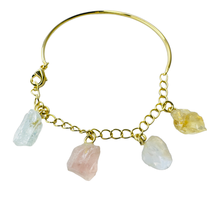 Half Moon Half Chain Quartet Gold Plated Bracelet - Cristal de Rocha (Rock Crystal), Quartzo Rosa (Rose Quartz), Cristal Milk (Milky Quartz), and Citrino (Citrine)