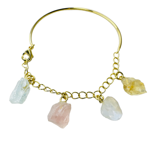 Half Moon Half Chain Quartet Gold Plated Bracelet - Cristal de Rocha (Rock Crystal), Quartzo Rosa (Rose Quartz), Cristal Milk (Milky Quartz), and Citrino (Citrine)