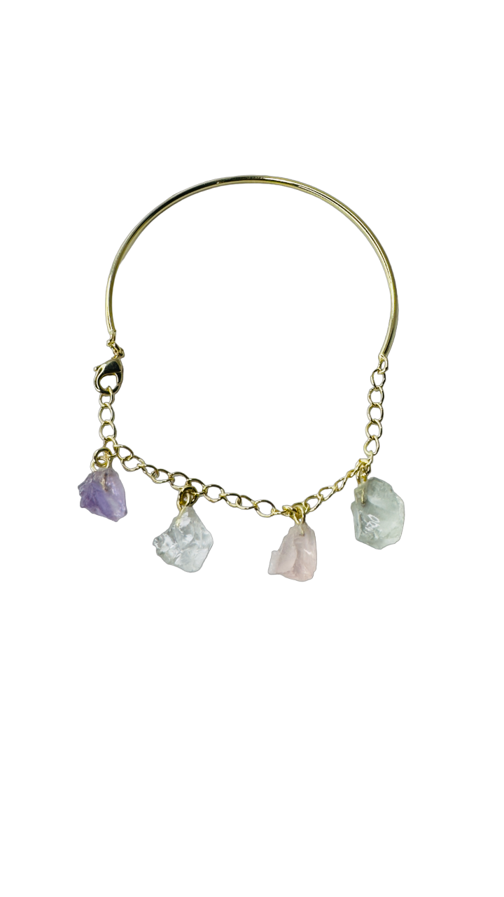 Half Moon Half Chain Quartet Gold Plated Bracelet - Ametista (Amethyst), Cristal de Rocha (Rock Crystal), Quartzo Rosa (Rose Quartz), and Prasiolita (Prasiolite)