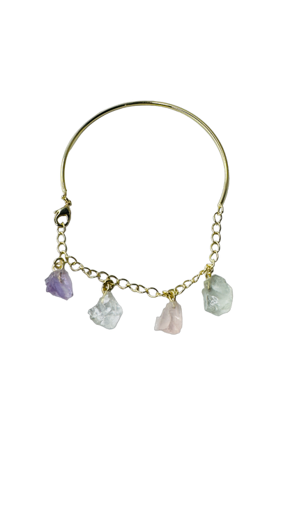 Half Moon Half Chain Quartet Gold Plated Bracelet - Ametista (Amethyst), Cristal de Rocha (Rock Crystal), Quartzo Rosa (Rose Quartz), and Prasiolita (Prasiolite)