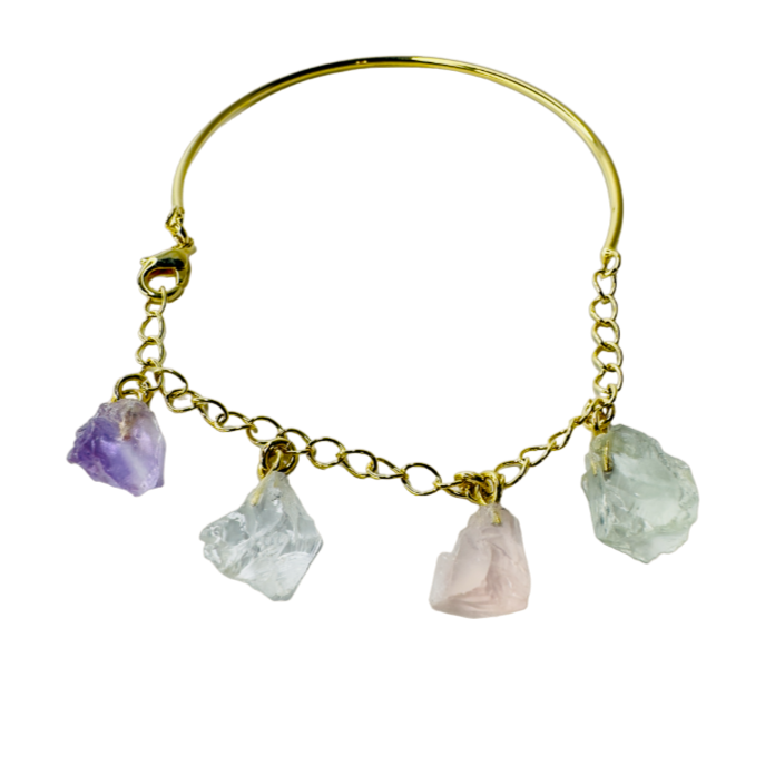 Half Moon Half Chain Quartet Gold Plated Bracelet - Ametista (Amethyst), Cristal de Rocha (Rock Crystal), Quartzo Rosa (Rose Quartz), and Prasiolita (Prasiolite)