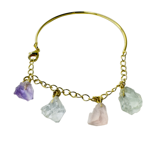 Half Moon Half Chain Quartet Gold Plated Bracelet - Ametista (Amethyst), Cristal de Rocha (Rock Crystal), Quartzo Rosa (Rose Quartz), and Prasiolita (Prasiolite)