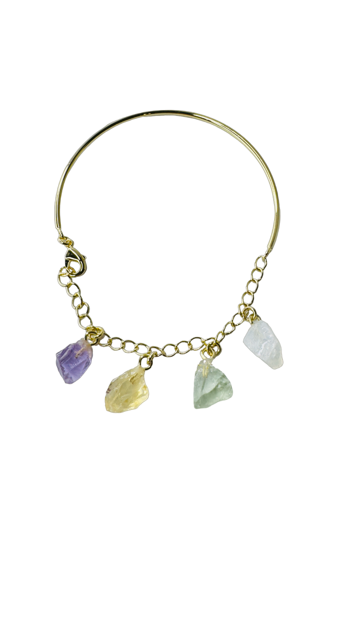 Half Moon Half Chain Quartet Gold Plated Bracelet - Ametista (Amethyst), Citrino (Citrine), Prasiolita (Prasiolite), and Cristal Milk (Milky Quartz)