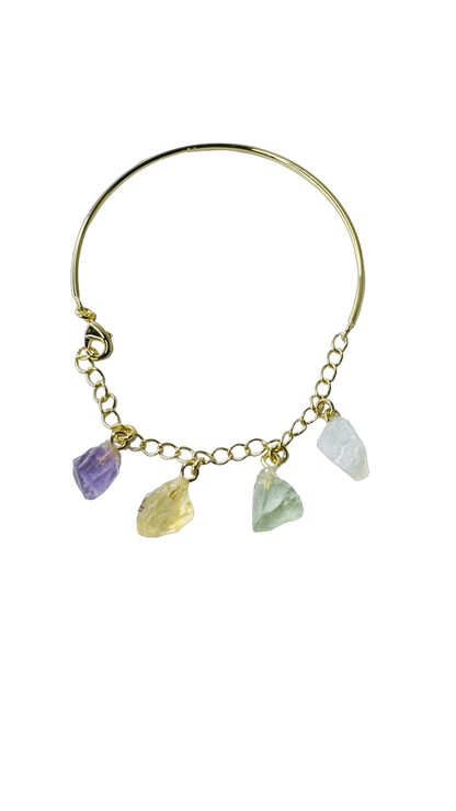 Half Moon Half Chain Quartet Gold Plated Bracelet - Ametista (Amethyst), Citrino (Citrine), Prasiolita (Prasiolite), and Cristal Milk (Milky Quartz)