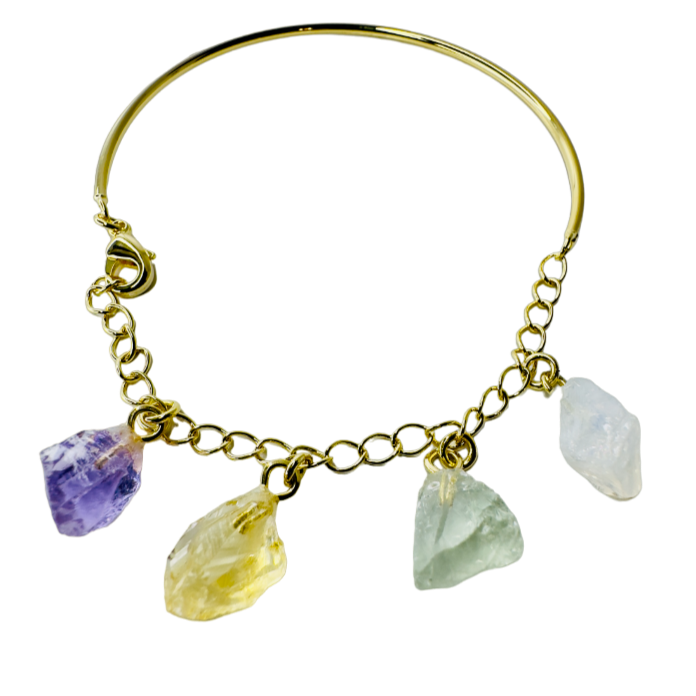 Half Moon Half Chain Quartet Gold Plated Bracelet - Ametista (Amethyst), Citrino (Citrine), Prasiolita (Prasiolite), and Cristal Milk (Milky Quartz)