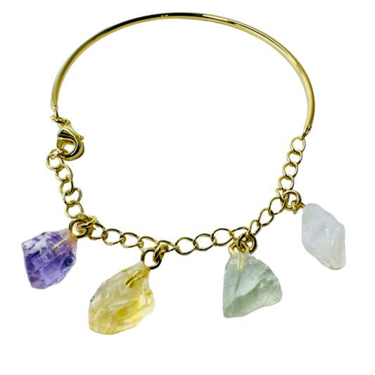 Half Moon Half Chain Quartet Gold Plated Bracelet - Ametista (Amethyst), Citrino (Citrine), Prasiolita (Prasiolite), and Cristal Milk (Milky Quartz)