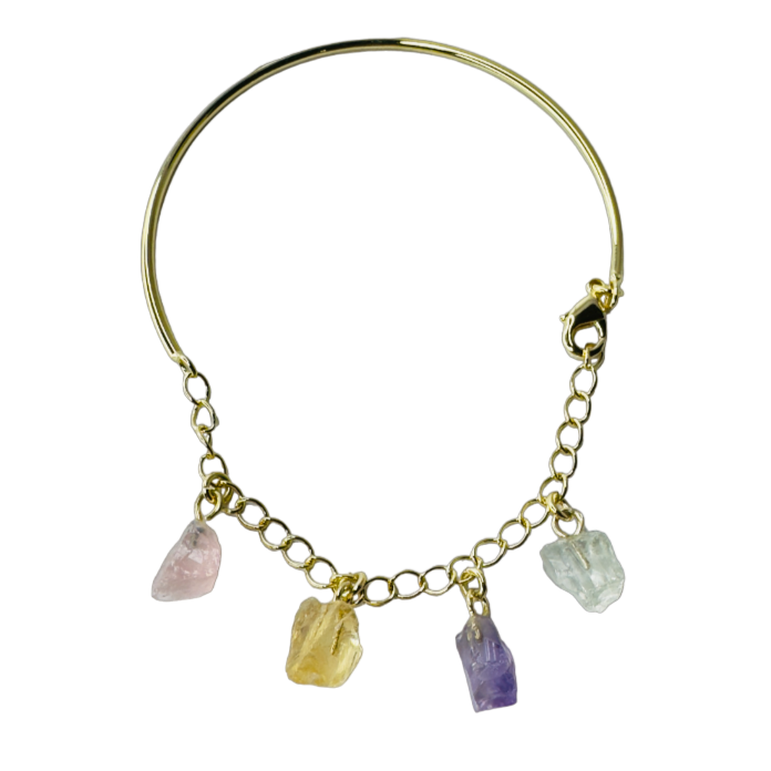 Half Moon Half Chain Quartet Gold Plated Bracelet - Quartzo Rosa (Rose Quartz), Citrino (Citrine), Ametista (Amethyst), and Cristal de Rocha (Rock Crystal)