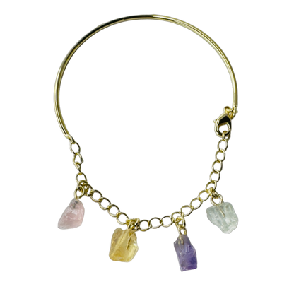 Half Moon Half Chain Quartet Gold Plated Bracelet - Quartzo Rosa (Rose Quartz), Citrino (Citrine), Ametista (Amethyst), and Cristal de Rocha (Rock Crystal)